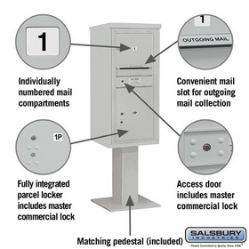 Salsbury Industries 3410S-01GRY Pedestal Mounted 4C Horizontal Mailbox Unit - 10 Door High Unit (65-5/8 Inches) - Single Column - 1 MB3 Door / 1 PL5 - Gray