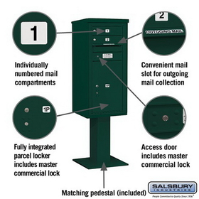 Salsbury Industries 3410S-02GRN Pedestal Mounted 4C Horizontal Mailbox Unit - 10 Door High Unit (65-5/8 Inches) - Single Column - 2 MB1 Doors / 1 PL6 - Green