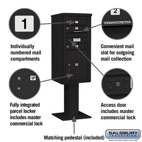 Salsbury Industries 3410S-03BLK Pedestal Mounted 4C Horizontal Mailbox Unit - 10 Door High Unit (65-5/8 Inches) - Single Column - 3 MB1 Doors / 1 PL5 - Black