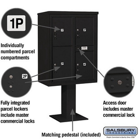 Salsbury Industries 3411D-4PBLK Pedestal Mounted 4C Horizontal Mailbox Unit - 11 Door High Unit (69 1/8 Inches) - Double Column - Stand-Alone Parcel Locker - 3 PL5