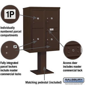 Salsbury Industries 3411D-4PBRZ Pedestal Mounted 4C Horizontal Mailbox Unit - 11 Door High Unit (69 1/8 Inches) - Double Column - Stand-Alone Parcel Locker - 3 PL5