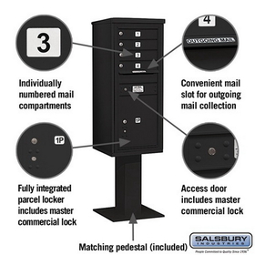 Salsbury Industries 3411S-04BLK Pedestal Mounted 4C Horizontal Mailbox Unit - 11 Door High Unit (69-1/8 Inches) - Single Column - 4 MB 1 Doors / 1 PL5 - Black