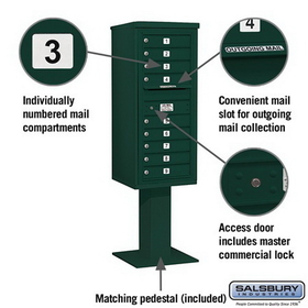 Salsbury Industries 3411S-09GRN Pedestal Mounted 4C Horizontal Mailbox Unit - 11 Door High Unit (69-1/8 Inches) - Single Column - 9 MB1 Doors - Green