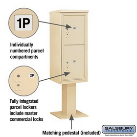 Salsbury Industries 3411S-2PSAN Pedestal Mounted 4C Horizontal Mailbox Unit - 11 Door High Unit (69-1/8 Inches) - Single Column - Stand-Alone Parcel Locker - 1 PL5 and 1 PL6 - Sandstone
