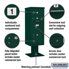 Salsbury Industries 3412S-02GRN Pedestal Mounted 4C Horizontal Mailbox Unit - 12 Door High Unit (59-3/4 Inches) - Single Column - 2 MB2 Doors / 1 PL6 - Green