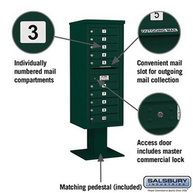 Salsbury Industries 3412S-10GRN Pedestal Mounted 4C Horizontal Mailbox Unit - 12 Door High Unit (59-3/4 Inches) - Single Column - 10 MB1 Doors - Green