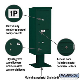 Salsbury Industries 3413S-2PGRN Pedestal Mounted 4C Horizontal Mailbox Unit - 13 Door High Unit (63-1/4 Inches) - Single Column - Stand-Alone Parcel Locker - 2 PL6