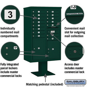 Salsbury Industries 3414D-15GRN Pedestal Mounted 4C Horizontal Mailbox Unit - 14 Door High Unit (66-3/4 Inches) - Double Column - 15 MB1 Doors / 1 PL5 and 1 PL6 - Green