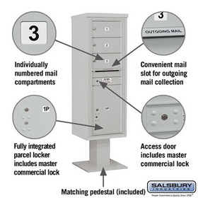 Salsbury Industries 3414S-03GRY Pedestal Mounted 4C Horizontal Mailbox Unit - 14 Door High Unit (66-3/4 Inches) - Single Column - 3 MB2 Doors / 1 PL6 - Gray