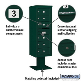 Salsbury Industries 3414S-06GRN Pedestal Mounted 4C Horizontal Mailbox Unit - 14 Door High Unit (66-3/4 Inches) - Single Column - 6 MB2 Doors - Green