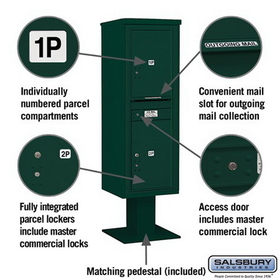 Salsbury Industries 3414S-2PGRN Pedestal Mounted 4C Horizontal Mailbox Unit - 14 Door High Unit (66-3/4 Inches) - Single Column - Stand-Alone Parcel Locker - 2 PL6