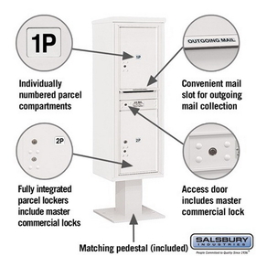 Salsbury Industries 3414S-2PWHT Pedestal Mounted 4C Horizontal Mailbox Unit - 14 Door High Unit (66-3/4 Inches) - Single Column - Stand-Alone Parcel Locker - 2 PL6