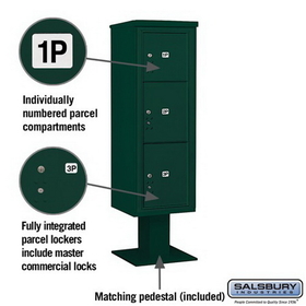 Salsbury Industries 3414S-3PGRN Pedestal Mounted 4C Horizontal Mailbox Unit - 14 Door High Unit (66 3/4 Inches) - Single Column - Stand-Alone Parcel Locker - 1 PL4 and 2 PL5
