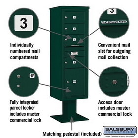 Salsbury Industries 3415S-04GRN Pedestal Mounted 4C Horizontal Mailbox Unit - 15 Door High Unit (70-1/4 Inches) - Single Column - 4 MB2 Doors / 1 PL5 - Green