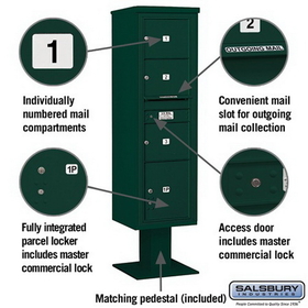 Salsbury Industries 3416S-03GRN Pedestal Mounted 4C Horizontal Mailbox Unit - Maximum Height (72 Inches) - Single Column - 3 MB3 Doors / 1 PL4.5 - Green