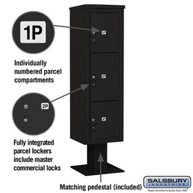 Salsbury Industries 3416S-3PBLK Pedestal Mounted 4C Horizontal Mailbox Unit - Maximum High (72 Inches) - Single Column - Stand-Alone Parcel Locker - 1 PL4.5, 1PL5 and 1 PL6 - Black