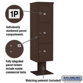 Salsbury Industries 3416S-3PBRZ Pedestal Mounted 4C Horizontal Mailbox Unit - Maximum High (72 Inches) - Single Column - Stand-Alone Parcel Locker - 1 PL4.5, 1PL5 and 1 PL6 - Bronze