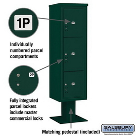 Salsbury Industries 3416S-3PGRN Pedestal Mounted 4C Horizontal Mailbox Unit - Maximum High (72 Inches) - Single Column - Stand-Alone Parcel Locker - 1 PL4.5, 1PL5 and 1 PL6 - Green