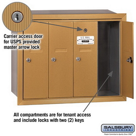 Salsbury Industries 3504BRU Vertical Mailbox - 4 Doors - Brass - Recessed Mounted - USPS Access