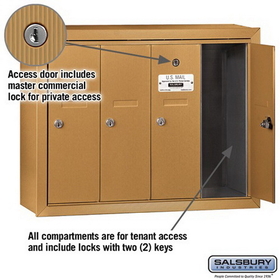 Salsbury Industries 3504BSP Vertical Mailbox (Includes Master Commercial Lock) - 4 Doors - Brass - Surface Mounted - Private Access