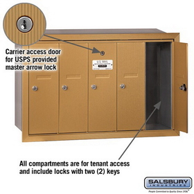 Salsbury Industries 3505BRU Vertical Mailbox - 5 Doors - Brass - Recessed Mounted - USPS Access