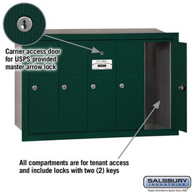 Salsbury Industries 3505GRU Vertical Mailbox - 5 Doors - Green - Recessed Mounted - USPS Access