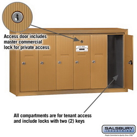 Salsbury Industries 3506BSP Vertical Mailbox (Includes Master Commercial Lock) - 6 Doors - Brass - Surface Mounted - Private Access