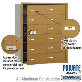 Salsbury Industries 3612GFP 4B+ Horizontal Mailbox (Includes Master Commercial Lock) - 12 B Doors (11 usable) - Gold - Front Loading - Private Access