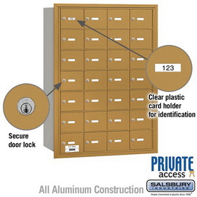 Salsbury Industries 3628GRP 4B+ Horizontal Mailbox - 28 A Doors - Gold - Rear Loading - Private Access