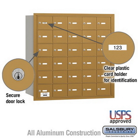Salsbury Industries 3630GRU 4B+ Horizontal Mailbox - 30 A Doors - Gold - Rear Loading - USPS Access