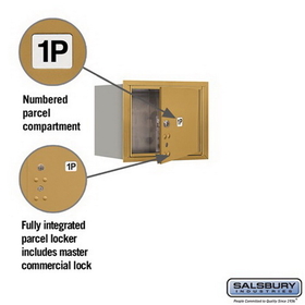 Salsbury Industries 3703S-1PGFP Recessed Mounted 4C Horizontal Mailbox - 3 Door High Unit (13 Inches) - Single Column - Stand-Alone Parcel Locker - 1 PL3 - Gold - Front Loading - Private Access