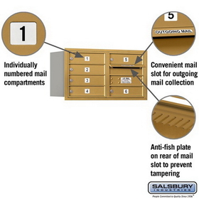 Salsbury Industries 3704D-06GRU Recessed Mounted 4C Horizontal Mailbox - 4 Door High Unit (16 1/2 Inches) - Double Column - 6 MB1 Doors - Gold - Rear Loading - USPS Access