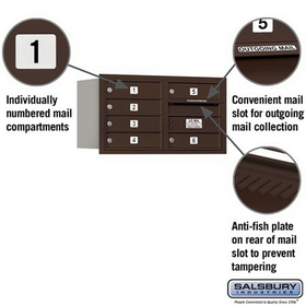 Salsbury Industries 3704D-06ZRP Recessed Mounted 4C Horizontal Mailbox - 4 Door High Unit (16 1/2 Inches) - Double Column - 6 MB1 Doors - Bronze - Rear Loading - Private Access
