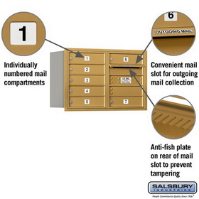 Salsbury Industries 3705D-07GRP Recessed Mounted 4C Horizontal Mailbox (Includes Master Commercial Lock)-5 Door High Unit (20 Inches)-Double Column-7 MB1 Doors-Gold-Rear Loading-Private Access