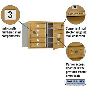 Salsbury Industries 3705D-08GFU Recessed Mounted 4C Horizontal Mailbox - 5 Door High Unit (20 Inches) - Double Column - 8 MB1 Doors - Gold - Front Loading - USPS Access