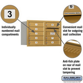 Salsbury Industries 3705D-08GRU Recessed Mounted 4C Horizontal Mailbox - 5 Door High Unit (20 Inches) - Double Column - 8 MB1 Doors - Gold - Rear Loading - USPS Access