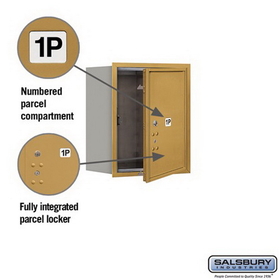 Salsbury Industries 3705S-1PGFU Recessed Mounted 4C Horizontal Mailbox - 5 Door High Unit (20 Inches) - Single Column - Stand-Alone Parcel Locker - 1 PL5 - Gold - Front Loading - USPS Access