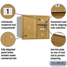 Salsbury Industries 3706D-02GRP Recessed Mounted 4C Horizontal Mailbox - 6 Door High Unit (23 1/2 Inches) - Double Column - 2 MB2 Doors / 1 PL6 - Gold - Rear Loading - Private Access