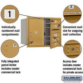 Salsbury Industries 3706D-04GFP Recessed Mounted 4C Horizontal Mailbox - 6 Door High Unit (23 1/2 Inches) - Double Column - 4 MB1 Doors / 1 PL6 - Gold - Front Loading - Private Access