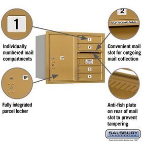 Salsbury Industries 3706D-04GRU Recessed Mounted 4C Horizontal Mailbox - 6 Door High Unit (23 1/2 Inches) - Double Column - 4 MB1 Doors / 1 PL6 - Gold - Rear Loading - USPS Access