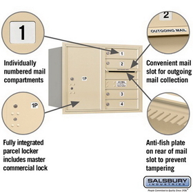 Salsbury Industries 3706D-04SRP Recessed Mounted 4C Horizontal Mailbox - 6 Door High Unit (23 1/2 Inches) - Double Column - 4 MB1 Doors / 1 PL6 - Sandstone - Rear Loading - Private Access