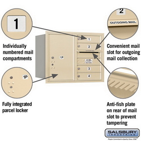 Salsbury Industries 3706D-04SRU Recessed Mounted 4C Horizontal Mailbox - 6 Door High Unit (23 1/2 Inches) - Double Column - 4 MB1 Doors / 1 PL6 - Sandstone - Rear Loading - USPS Access