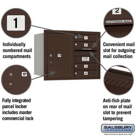 Salsbury Industries 3706D-04ZRP Recessed Mounted 4C Horizontal Mailbox - 6 Door High Unit (23 1/2 Inches) - Double Column - 4 MB1 Doors / 1 PL6 - Bronze - Rear Loading - Private Access