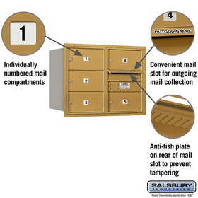 Salsbury Industries 3706D-05GRP Recessed Mounted 4C Horizontal Mailbox (Includes Master Commercial Lock)-6 Door High Unit (23 1/2 Inches)-Double Column-5 MB2 Doors-Gold-Rear Loading-Private Access