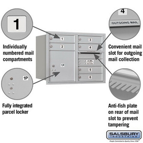 Salsbury Industries 3706D-06ARU Recessed Mounted 4C Horizontal Mailbox - 6 Door High Unit (23 1/2 Inches) - Double Column - 6 MB1 Doors / 1 PL4 - Aluminum - Rear Loading - USPS Access