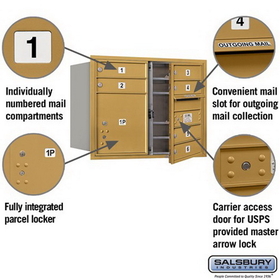 Salsbury Industries 3706D-06GFU Recessed Mounted 4C Horizontal Mailbox - 6 Door High Unit (23 1/2 Inches) - Double Column - 6 MB1 Doors / 1 PL4 - Gold - Front Loading - USPS Access