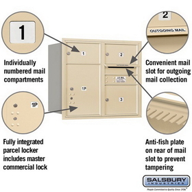 Salsbury Industries 3707D-03SRP Recessed Mounted 4C Horizontal Mailbox - 7 Door High Unit (27 Inches) - Double Column - 2 MB2 Doors / 1 MB3 Door / 1 PL5 - Sandstone - Rear Loading - Private Access