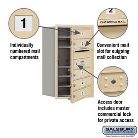 Salsbury Industries 3707S-05SFP Recessed Mounted 4C Horizontal Mailbox (Includes Master Commercial Lock)-7 Door High Unit (27 Inches)-Single Column-5 MB1 Doors-Sandstone-Front Loading-Private Access
