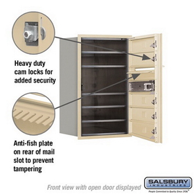 Salsbury Industries 3707S-05SFP Recessed Mounted 4C Horizontal Mailbox (Includes Master Commercial Lock)-7 Door High Unit (27 Inches)-Single Column-5 MB1 Doors-Sandstone-Front Loading-Private Access