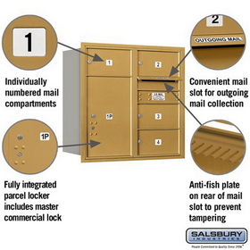 Salsbury Industries 3708D-04GRP Recessed Mounted 4C Horizontal Mailbox - 8 Door High Unit (30 1/2 Inches) - Double Column - 4 MB2 Doors / 1 PL6 - Gold - Rear Loading - Private Access